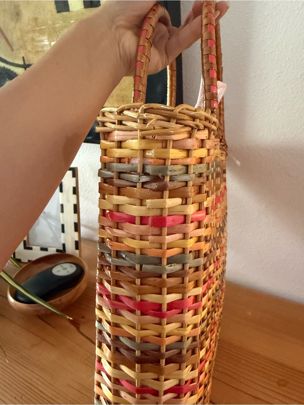 Moschino Multicolor raffia Woven Straw Tote with Pink and Yellow Accents - Picture 3 of 6